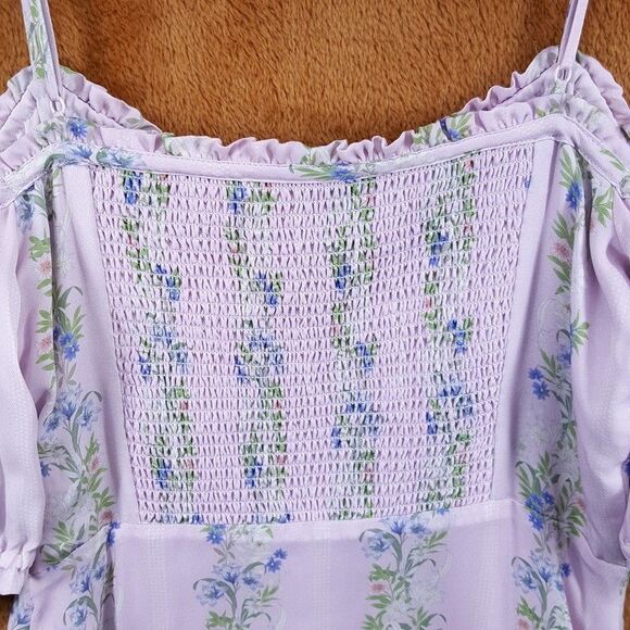 INTERMIX Mini Dress Womens Size 2 Purple Floral Off the Shoulder Smocked Girly - Picture 9 of 15